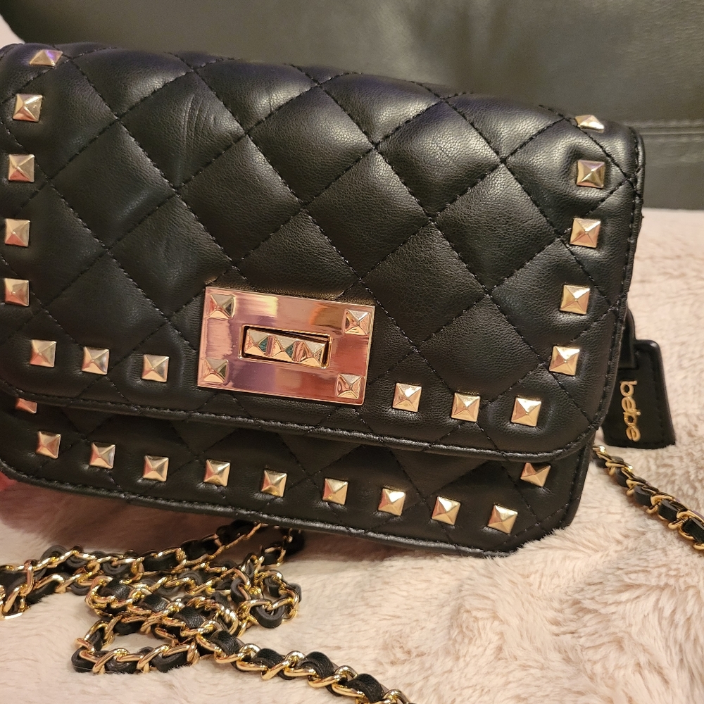 Black Faux Leather Gold Studded BeBe Crossbody Bag, Never Used